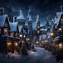 Beautiful Fantasy Christmas Setting Inside Mansion, Village, House, Living Room And Fantasy Town. 