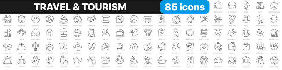 Poster - Travel and tourism line icons collection. Hotel, museum, airport, trip icons. UI icon set. Thin outline icons pack. Vector illustration EPS10