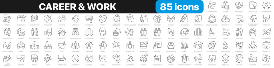 Wall Mural - Career and work line icons collection. Growth, teamwork, audit, training, target icons. UI icon set. Thin outline icons pack. Vector illustration EPS10