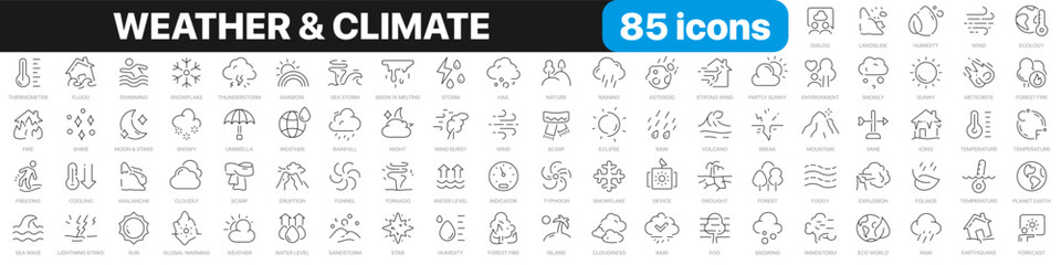 Wall Mural - Weather and climate line icons collection. Natural disasters, nature, environment icons. UI icon set. Thin outline icons pack. Vector illustration EPS10