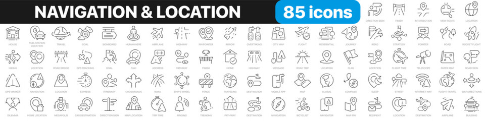 Fototapete - Navigation and location line icons collection. Map, pointer, travel, vacation, trip icons. UI icon set. Thin outline icons pack. Vector illustration EPS10