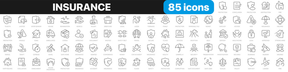 Poster - Insurance line icons collection. Judgment, secure, protection, evaluation icons. UI icon set. Thin outline icons pack. Vector illustration EPS10
