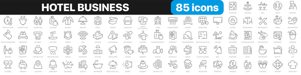 Poster - Hotel line icons collection. Service, feedback, interior, reception, restaurant icons. UI icon set. Thin outline icons pack. Vector illustration EPS10