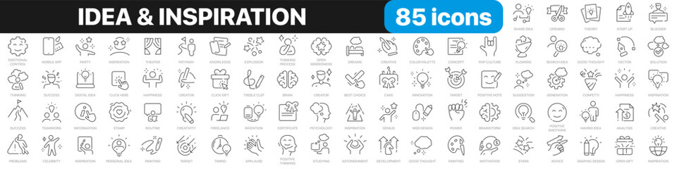 Leinwandbilder - Idea and inspiration line icons collection. Theory, education, thinking, creative, startup icons. UI icon set. Thin outline icons pack. Vector illustration EPS10