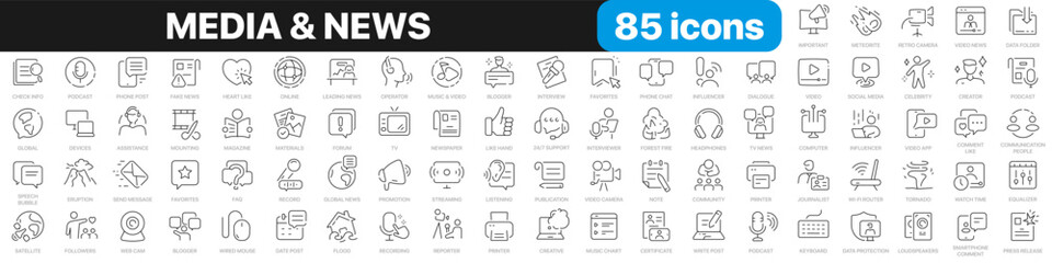 Poster - Media and news line icons collection. Television, blogging, social media, video, promotion icons. UI icon set. Thin outline icons pack. Vector illustration EPS10