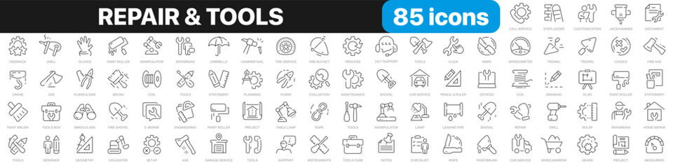 Leinwandbilder - Repair and tools line icons collection. Instruments, construction, brush icons. UI icon set. Thin outline icons pack. Vector illustration EPS10