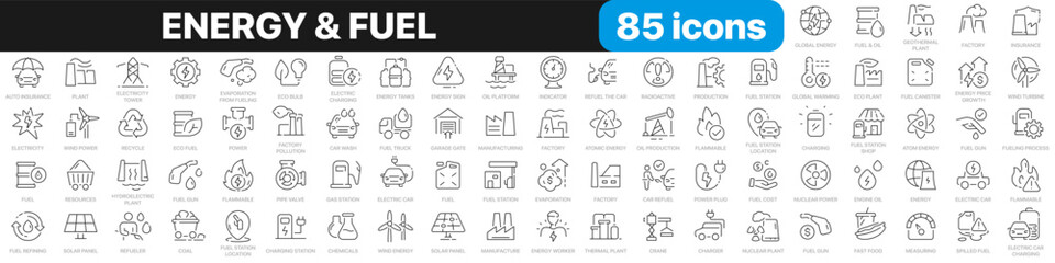 Poster - Energy and fuel line icons collection. Power, fuel station, charging, car icons. UI icon set. Thin outline icons pack. Vector illustration EPS10