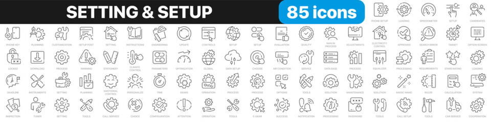 Poster - Setting and setup line icons collection. Operation, gear, processing, tools icons. UI icon set. Thin outline icons pack. Vector illustration EPS10