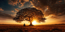Silhouette Of Lonely Human Under Old Majestic Tree At Evening Meadow During Incredible Sunset With Rays Of Golden Sun
