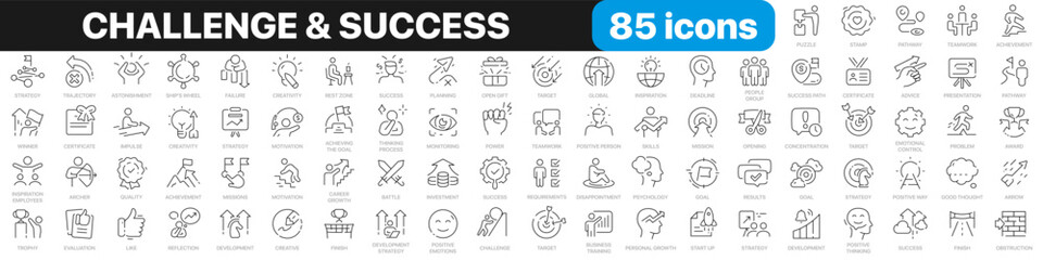 challenge and success line icons collection. cooperation, goal, strategy, vision, finish icons. ui i
