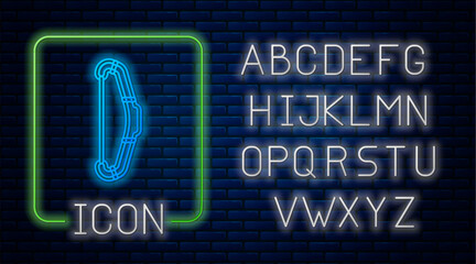 Poster - Glowing neon Medieval bow icon isolated on brick wall background. Medieval weapon. Neon light alphabet. Vector