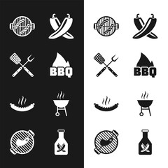 Wall Mural - Set Barbecue fire flame, Crossed fork and spatula, grill with sausage, hot chili pepper pod, Sausage, Ketchup bottle and steak icon. Vector