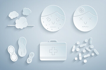 Wall Mural - Set First aid kit, Man having headache, Peanut, Medicine pill or tablet, Face with psoriasis eczema and Dust icon. Vector