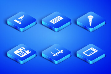 Poster - Set Microwave oven, Security camera, Router and wi-fi signal, Coffee machine, Keyboard and Microphone icon. Vector