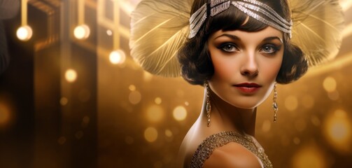 Wall Mural - Woman in 1920s Flapper Dress on an Art Deco Gold Background with Space for Copy.