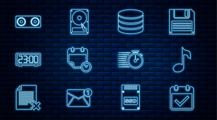 Poster - Set line Calendar with check mark, Music note, tone, Database, and clock, Digital alarm, Stereo speaker, Stopwatch and Hard disk drive HDD icon. Vector