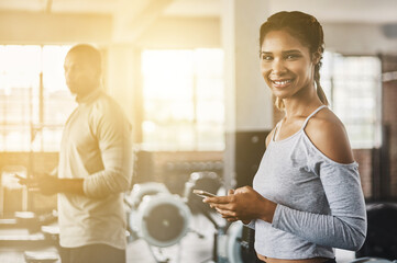 Aufkleber - Fitness, gym and portrait of a woman with a phone for communication, internet and workout app. Happy athlete person with a smartphone for texting, influencer post or online for wellness and health