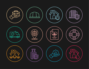 Sticker - Set line House flood, Lifebuoy, Fire in burning house, Location shield, Emergency car, Hand holding briefcase, Health insurance and Worker safety helmet icon. Vector