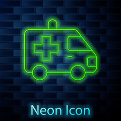 Wall Mural - Glowing neon line Ambulance and emergency car icon isolated on brick wall background. Ambulance vehicle medical evacuation. Vector