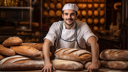 Wall Mural - European french baker portrait inside his bakery surrounded by many types of bread and baguette