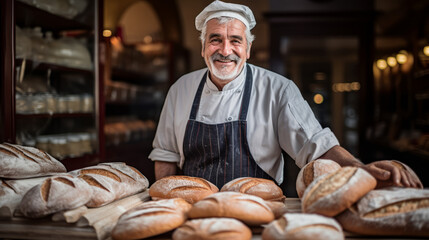 Wall Mural - European french baker portrait inside his bakery surrounded by many types of bread and baguette