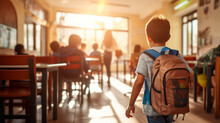 Back View Of A Boy Kid Entering The Classroom With His Backpack , Back To School Concept Image