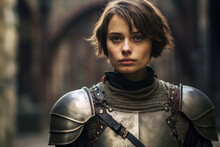 Young Woman Costumed As Joan Of Arc Aka Jeanne D'Arc Wearing A Knight Plate Armor And Short Bobbed Hair