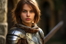 Young Woman Costumed As Joan Of Arc Aka Jeanne D'Arc Wearing A Knight Plate Armor And Short Bobbed Hair
