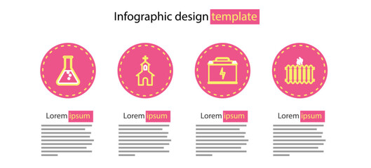 Poster - Set line Car battery, Heating radiator, Church building and Test tube and flask icon. Vector