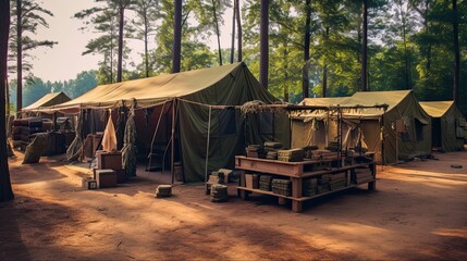 Built to Last: Army Camp with Camouflage Burlap Backpacks and Barracks Footed for Camping