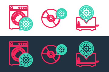 Poster - Set line Toaster setting, Washer and CD or DVD disk icon. Vector