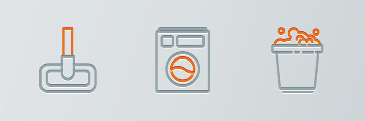 Poster - Set line Bucket with soap suds, Mop and Washer icon. Vector