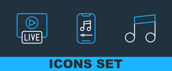 Poster - Set line Music note, tone, Live stream and player icon. Vector