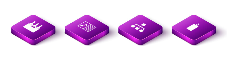 Poster - Set Isometric Bottles of wine in box, Music book with note, Hierarchy organogram chart and Burning candle icon. Vector