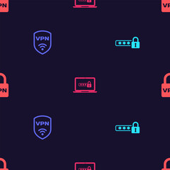 Poster - Set Password protection, Shield with VPN wireless, Laptop password and Lock on seamless pattern. Vector