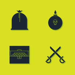 Poster - Set Pirate sack, Crossed pirate swords, Antique treasure chest and Bomb ready to explode icon. Vector