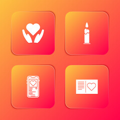 Sticker - Set Heart in hand, Burning candle, Mobile with heart and Valentines day flyer icon. Vector