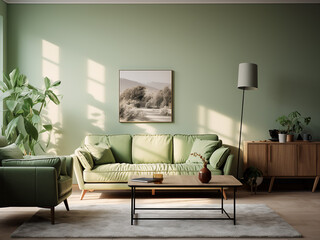 Sophisticated green living room featuring nature. AI Generative.