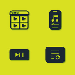Poster - set music playlist, add to, pause button and player icon. vector