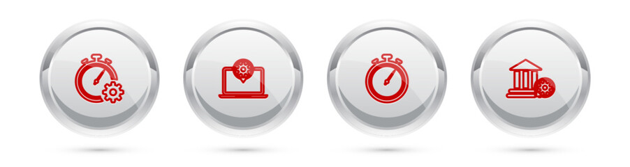 Poster - Set line Time management setting, Laptop, Stopwatch and Bank building. Silver circle button. Vector