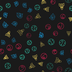 Poster - Set line Alien, Planet Mars, Rocket ship and on seamless pattern. Vector