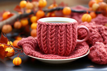 Red Knitted Mug Cozy Of Yellow Berries Background. Generative AI