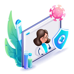 Poster - 3D Isometric people character illustration. Cartoon doctor conducts an online consultation of the patient. Online medicine, healthcare. Virus protection. Vector for website