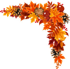 Wall Mural - Corner frame with orange and brown autumn leaves, cones, chestnuts, and rowanberries. Vector illustration