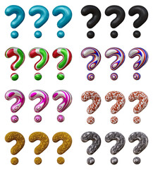 Poster - Set of question mark symbol design. Ask icon or sign shape isolated on transparent background in 3d rendering.