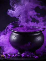 A cauldron of bubbling dark witchcraft candies, emitting a mysterious purple smoke

