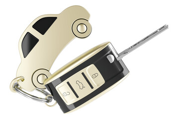 Poster - car key with car shaped metal keychain. 3d rendering isolated on transparent background
