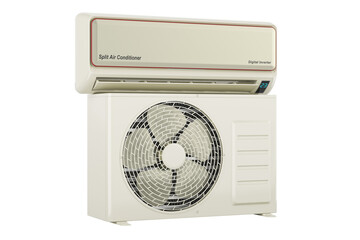 Poster - Air conditioner, indoor wall and outdoor compressor units, 3D rendering isolated on transparent background