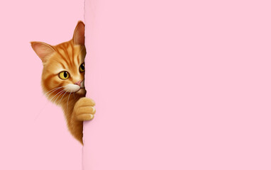 Wall Mural - A cute ginger cat character peeking out from behind a pink wall.