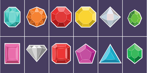 Aufkleber - Vector beautiful shiny colorful gems. Gemstones vector icons, diamonds and jewels, rubies, emeralds, topazes, sapphires.